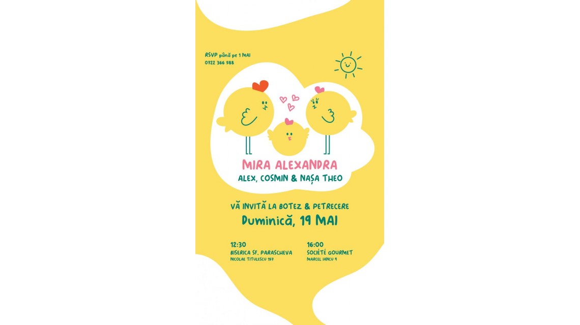 Invitație digitală botez fetiță Puiuți de găină Invitație electronică personalizată 1
